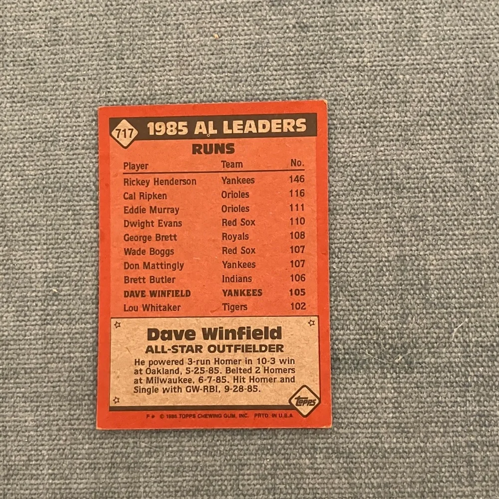 1986 Topps New York Yankees Baseball Card - Picture 2 of 2